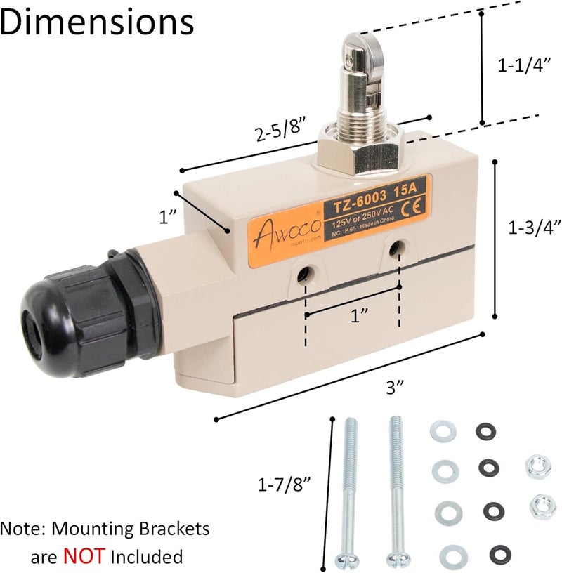 Awoco Heavy Duty Commercial Door Micro Switch with Cross Roller Plunger for Air Curtains, 250V 15A IP 65 Limit Switch Type NO and Type NC (TZ-6003-15A) - Image 3